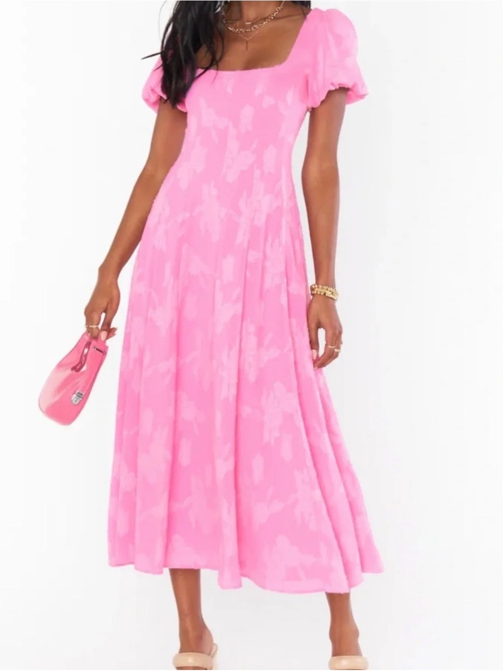 Show Me Your MuMu Mia Pink Floral Puff Sleeve Midi Dress